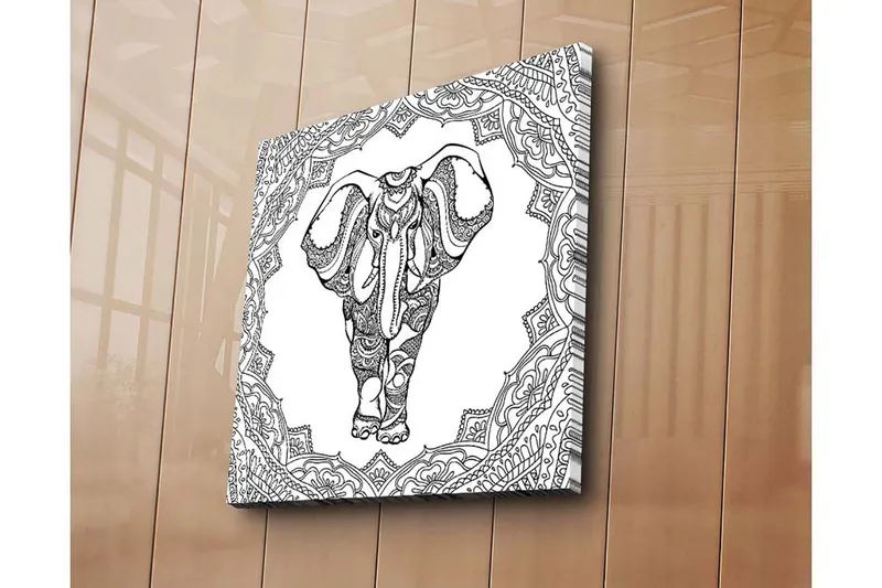 Lærredstryk 45x45 cm - Detaljeret sort-hvid illustration af en elefant omgivet af ornamentale mønstre - Sort / Hvid - Boligtilbehør - Billeder & kunst - Billeder på lærred