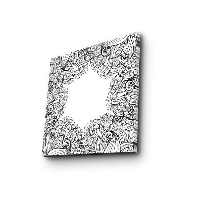 Lærredstryk 45x45 cm - Detaljeret sort-hvid mønsterkomposition med blomster og buede linjer, Sort / Hvid