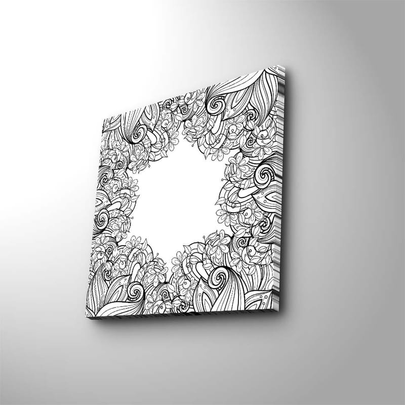 Lærredstryk 45x45 cm - Detaljeret sort-hvid mønsterkomposition med blomster og buede linjer - Sort / Hvid - Boligtilbehør - Billeder & kunst - Billeder på lærred