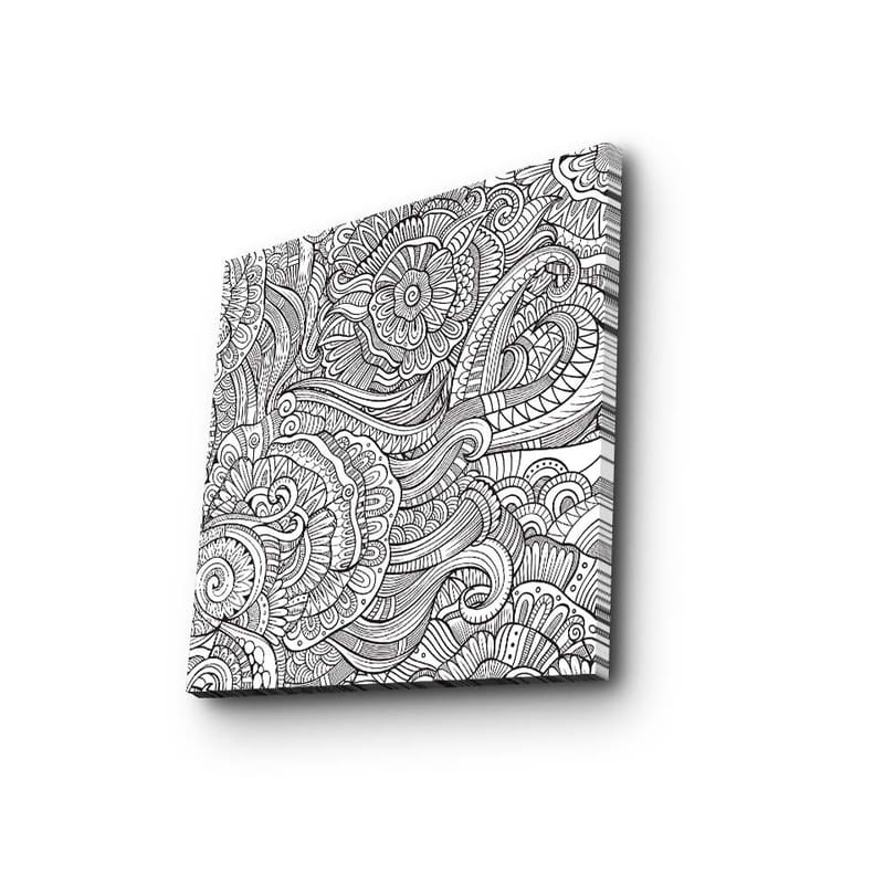 Lærredstryk 45x45 cm - Detaljeret sort-hvid mønsterkomposition med blomster og buede linjer, Sort / Hvid