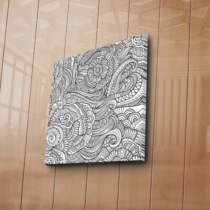 Lærredstryk 45x45 cm - Detaljeret sort-hvid mønsterkomposition med blomster og buede linjer - Sort / Hvid - Boligtilbehør - Billeder & kunst - Billeder på lærred