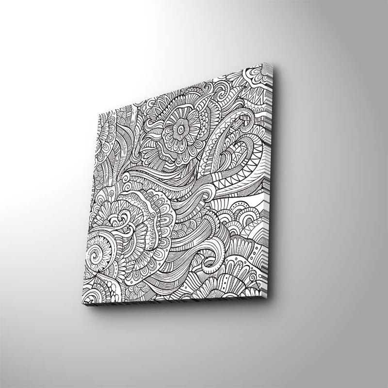 Lærredstryk 45x45 cm - Detaljeret sort-hvid mønsterkomposition med blomster og buede linjer - Sort / Hvid - Boligtilbehør - Billeder & kunst - Billeder på lærred