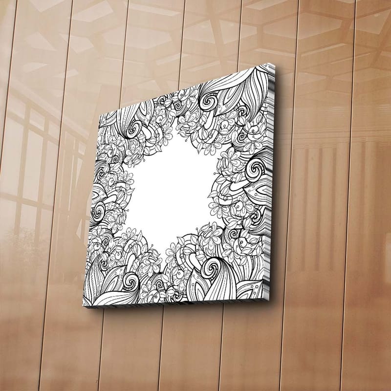 Lærredstryk 45x45 cm - Detaljeret sort-hvid mønsterkomposition med blomster og buede linjer - Sort / Hvid - Boligtilbehør - Billeder & kunst - Billeder på lærred