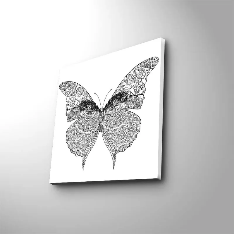Lærredstryk 45x45 cm - Detaljeret sort-hvid sommerfugl med indviklede mønstre, Sort / Hvid