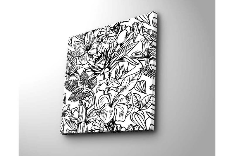 Lærredstryk 45x45 cm - Detaljeret sort-hvidt blomsterdesign med forskellige planter og blomster - Sort / Hvid - Boligtilbehør - Billeder & kunst - Billeder på lærred