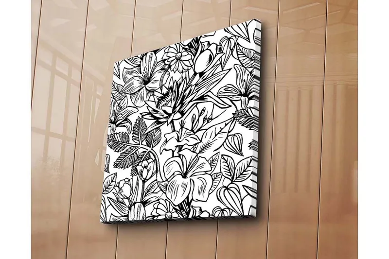 Lærredstryk 45x45 cm - Detaljeret sort-hvidt blomsterdesign med forskellige planter og blomster - Sort / Hvid - Boligtilbehør - Billeder & kunst - Billeder på lærred