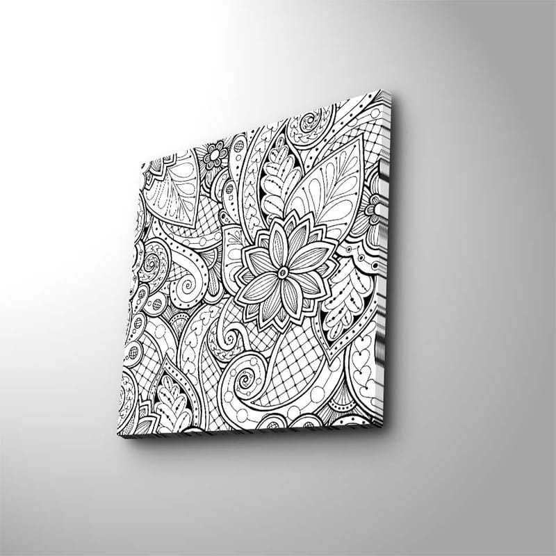 Lærredstryk 45x45 cm - Detaljeret sort-hvidt mønsterdesign med blomster og buede linjer - Sort / Hvid - Boligtilbehør - Billeder & kunst - Billeder på lærred