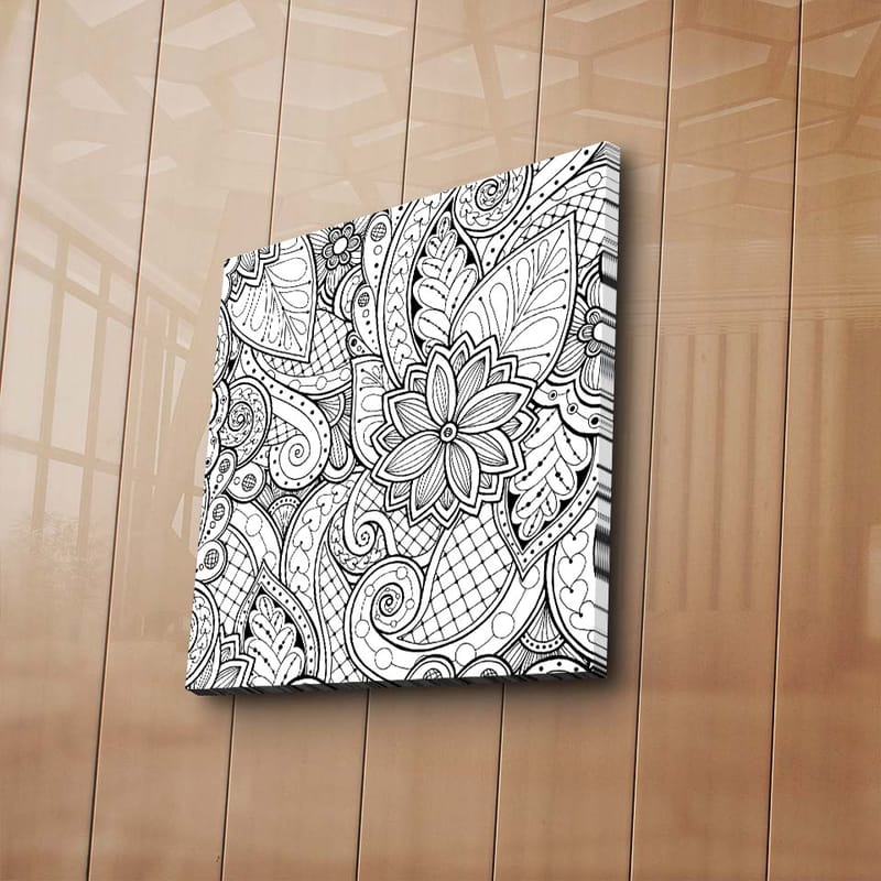 Lærredstryk 45x45 cm - Detaljeret sort-hvidt mønsterdesign med blomster og buede linjer - Sort / Hvid - Boligtilbehør - Billeder & kunst - Billeder på lærred