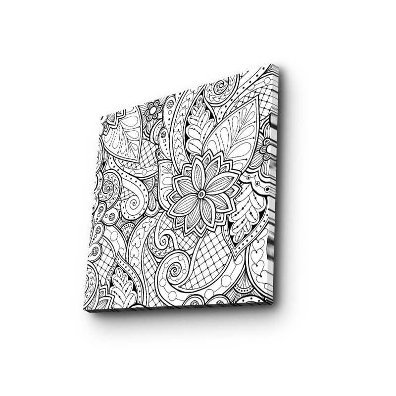 Lærredstryk 45x45 cm - Detaljeret sort-hvidt mønsterdesign med blomster og buede linjer, Sort / Hvid