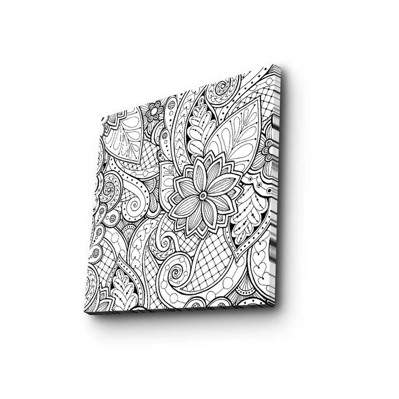 Lærredstryk 45x45 cm - Detaljeret sort-hvidt mønsterdesign med blomster og buede linjer, Sort / Hvid