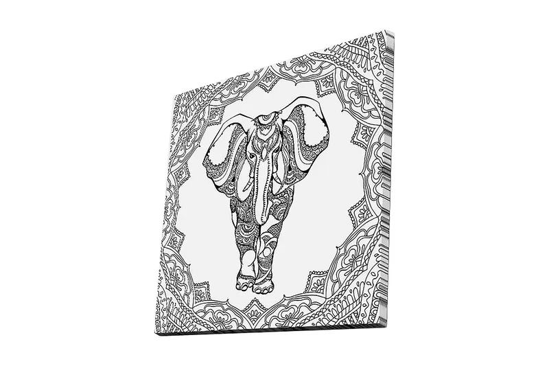 Lærredstryk 45x45 cm - Elefant i detaljeret mandalamønster, Sort / Hvid