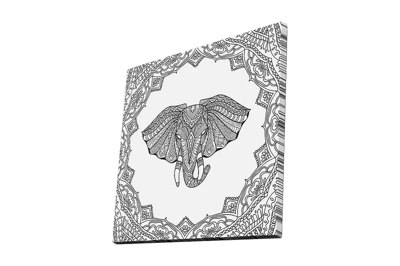 Lærredstryk 45x45 cm - Elefant med indviklede mønstre i en dekorativ ramme, Sort / Hvid