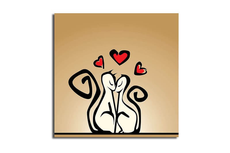 Lærredstryk 45x45 cm - Elskende par med stiliserede figurer med hjerter ovenover, Sort / Rød / Beige