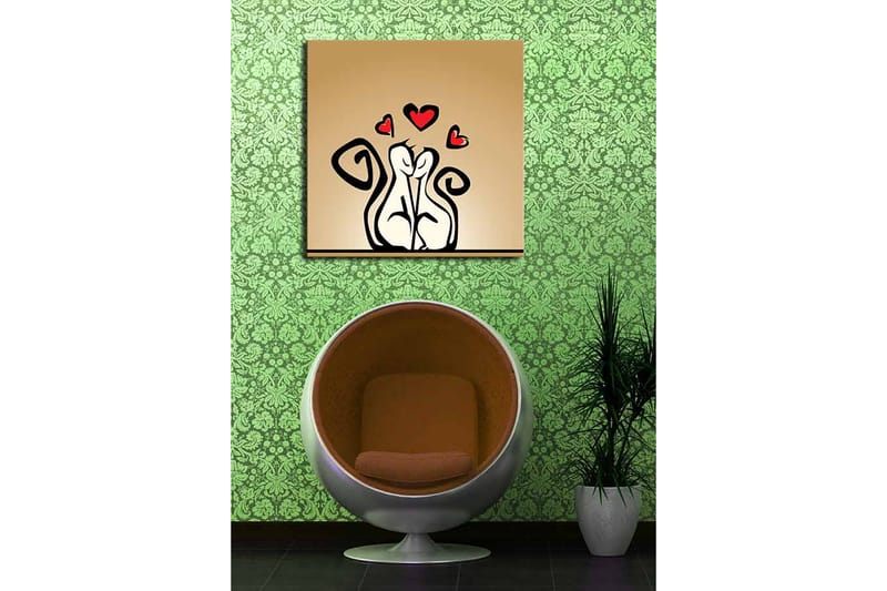 Lærredstryk 45x45 cm - Elskende par med stiliserede figurer med hjerter ovenover - Sort / Rød / Beige - Boligtilbehør - Billeder & kunst - Billeder på lærred