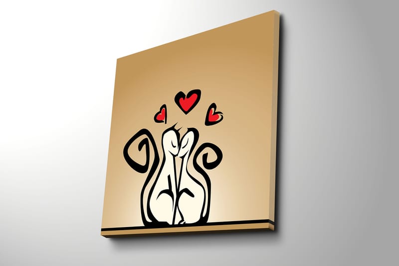 Lærredstryk 45x45 cm - Elskende par med stiliserede figurer med hjerter ovenover - Sort / Rød / Beige - Boligtilbehør - Billeder & kunst - Billeder på lærred