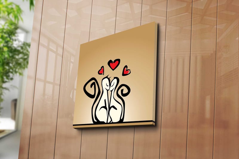 Lærredstryk 45x45 cm - Elskende par med stiliserede figurer med hjerter ovenover - Sort / Rød / Beige - Boligtilbehør - Billeder & kunst - Billeder på lærred