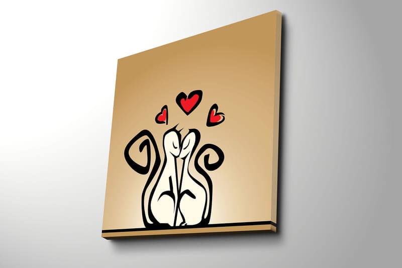 Lærredstryk 45x45 cm - Elskende par med stiliserede figurer med hjerter ovenover - Sort / Rød / Beige - Boligtilbehør - Billeder & kunst - Billeder på lærred