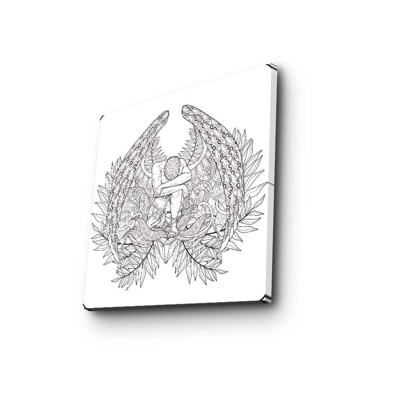 Lærredstryk 45x45 cm - Fantasifuldt motiv med en figur omgivet af store, detaljerede vinger og vegetation - Sort / Grå / Hvid - Boligtilbehør - Billeder & kunst - Billeder på lærred