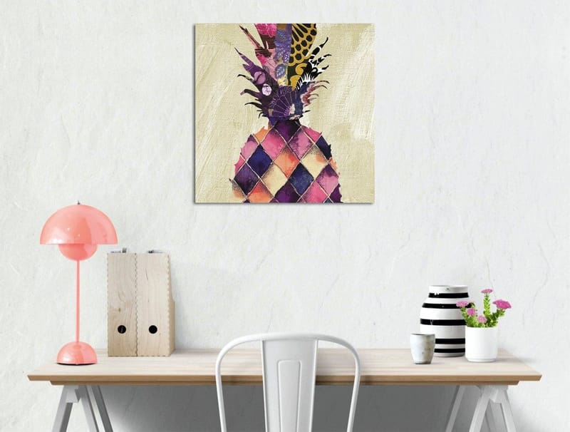 Lærredstryk 45x45 cm - Farverig ananas med geometriske mønstre, Lilla / Gul / Lyserød
