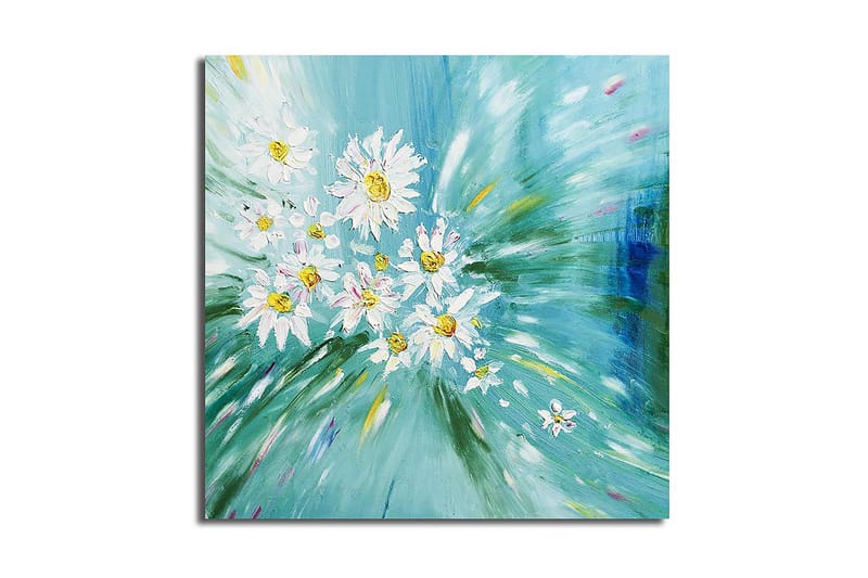 Lærredstryk 45x45 cm - Farverig buket af margueritter i en dynamisk komposition - Lyseblå / Hvid / Gul - Boligtilbehør - Billeder & kunst - Billeder på lærred