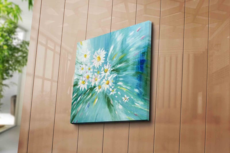Lærredstryk 45x45 cm - Farverig buket af margueritter i en dynamisk komposition - Lyseblå / Hvid / Gul - Boligtilbehør - Billeder & kunst - Billeder på lærred