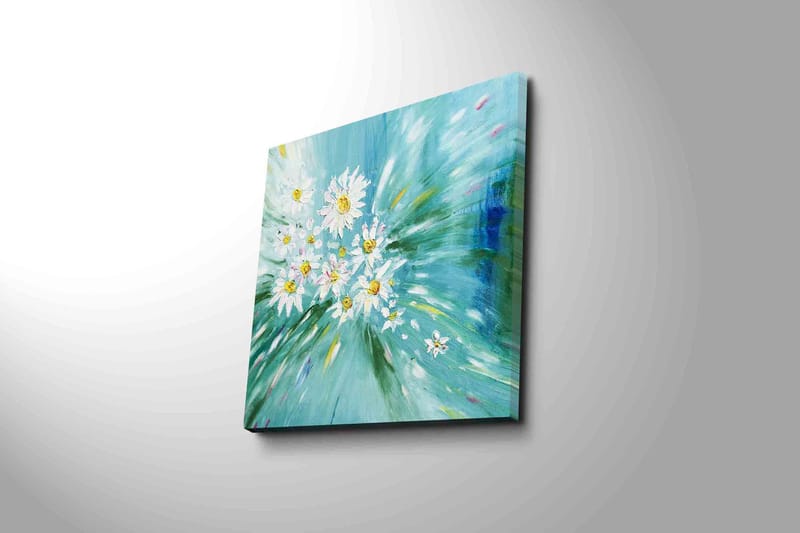 Lærredstryk 45x45 cm - Farverig buket af margueritter i en dynamisk komposition - Lyseblå / Hvid / Gul - Boligtilbehør - Billeder & kunst - Billeder på lærred