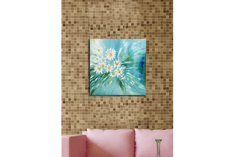 Lærredstryk 45x45 cm - Farverig buket af margueritter i en dynamisk komposition - Lyseblå / Hvid / Gul - Boligtilbehør - Billeder & kunst - Billeder på lærred