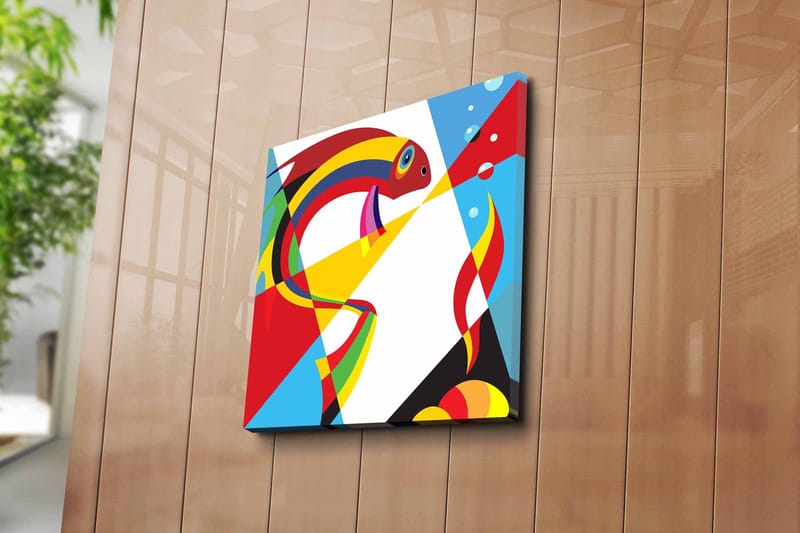 Lærredstryk 45x45 cm - Farverig fisk i abstrakt stil - Rød / Gul / Blå - Boligtilbehør - Billeder & kunst - Billeder på lærred