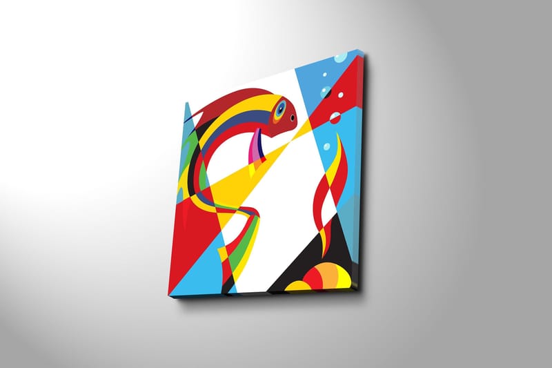 Lærredstryk 45x45 cm - Farverig fisk i abstrakt stil - Rød / Gul / Blå - Boligtilbehør - Billeder & kunst - Billeder på lærred