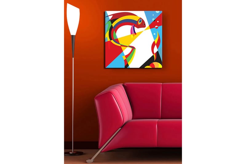 Lærredstryk 45x45 cm - Farverig fisk i abstrakt stil - Rød / Gul / Blå - Boligtilbehør - Billeder & kunst - Billeder på lærred