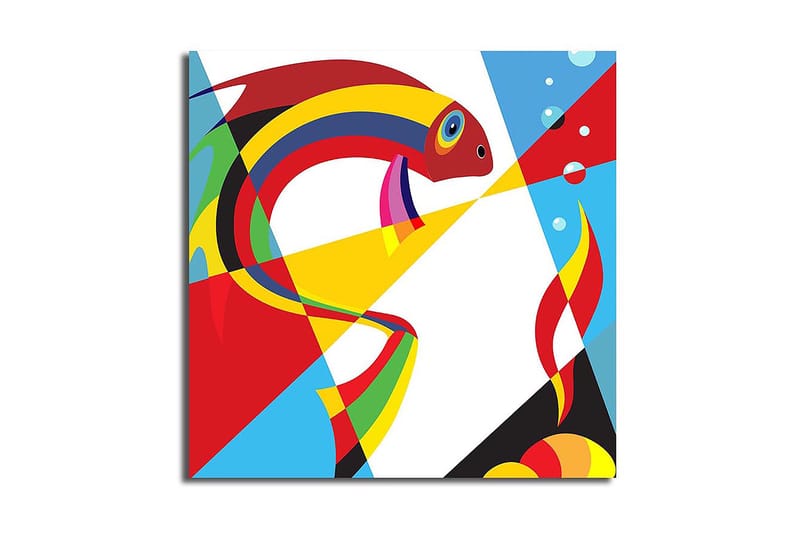 Lærredstryk 45x45 cm - Farverig fisk i abstrakt stil, Rød / Gul / Blå