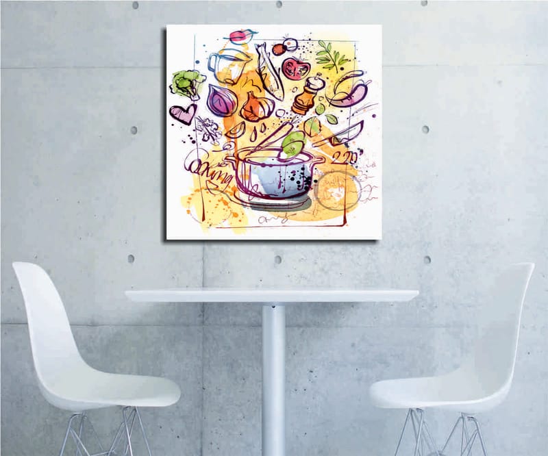 Lærredstryk 45x45 cm - Farverig komposition med køkkenredskaber og grøntsager, Grøn / Lilla / Orange