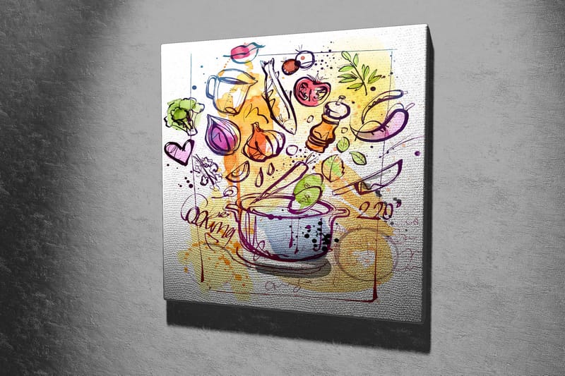 Lærredstryk 45x45 cm - Farverig komposition med køkkenredskaber og grøntsager - Grøn / Lilla / Orange - Boligtilbehør - Billeder & kunst - Billeder på lærred