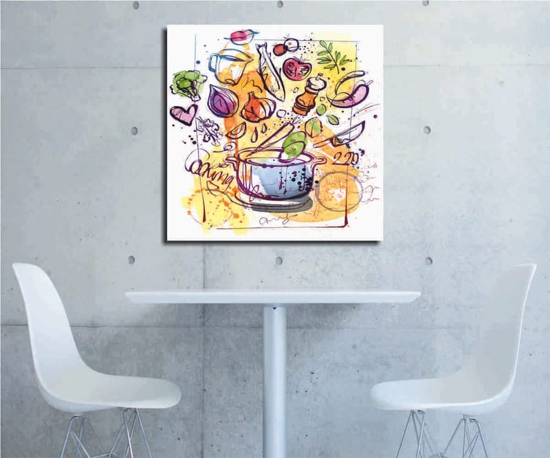 Lærredstryk 45x45 cm - Farverig komposition med køkkenredskaber og grøntsager, Grøn / Lilla / Orange