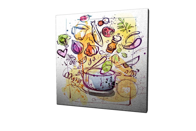 Lærredstryk 45x45 cm - Farverig komposition med køkkenredskaber og grøntsager - Grøn / Lilla / Orange - Boligtilbehør - Billeder & kunst - Billeder på lærred