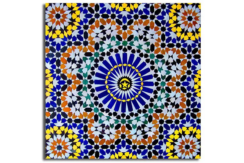 Lærredstryk 45x45 cm - Farverig mandala med geometriske mønstre - Blå / Gul / Orange - Boligtilbehør - Billeder & kunst - Billeder på lærred