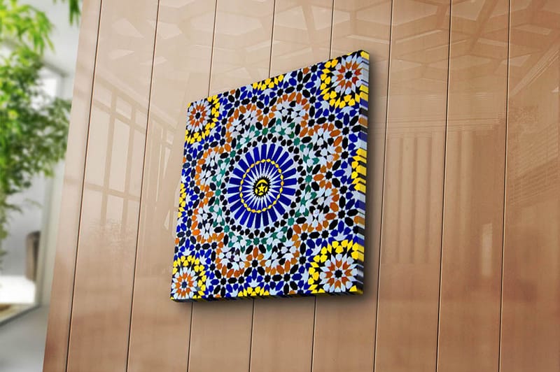 Lærredstryk 45x45 cm - Farverig mandala med geometriske mønstre - Blå / Gul / Orange - Boligtilbehør - Billeder & kunst - Billeder på lærred