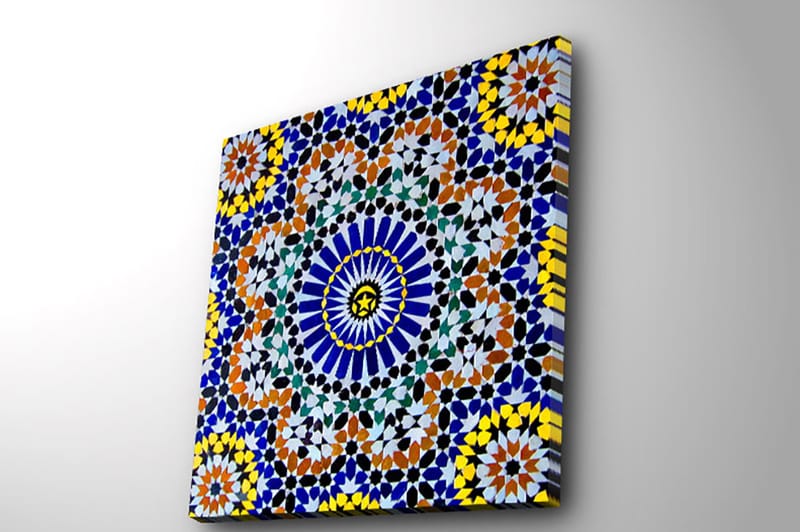 Lærredstryk 45x45 cm - Farverig mandala med geometriske mønstre - Blå / Gul / Orange - Boligtilbehør - Billeder & kunst - Billeder på lærred