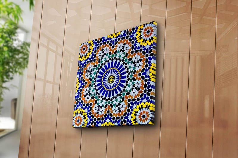 Lærredstryk 45x45 cm - Farverig mandala med geometriske mønstre - Blå / Gul / Orange - Boligtilbehør - Billeder & kunst - Billeder på lærred