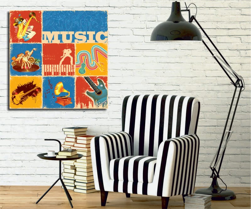 Lærredstryk 45x45 cm - Farverig musikalsk inspireret komposition med instrumenter og noder, Blå / Rød / Gul