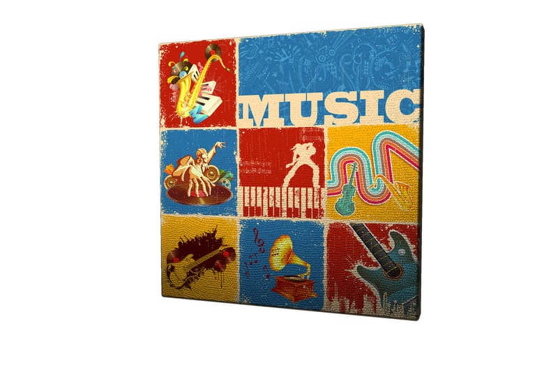 Lærredstryk 45x45 cm - Farverig musikalsk inspireret komposition med instrumenter og noder - Blå / Rød / Gul - Boligtilbehør - Billeder & kunst - Billeder på lærred