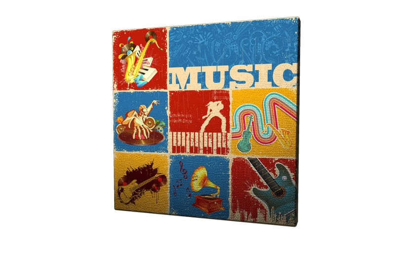 Lærredstryk 45x45 cm - Farverig musikalsk inspireret komposition med instrumenter og noder - Blå / Rød / Gul - Boligtilbehør - Billeder & kunst - Billeder på lærred