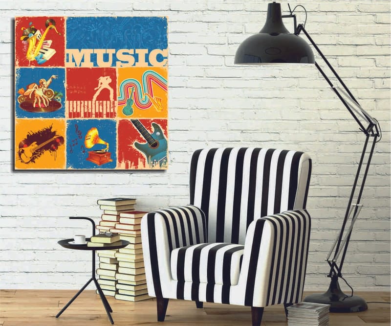 Lærredstryk 45x45 cm - Farverig musikalsk inspireret komposition med instrumenter og noder, Blå / Rød / Gul