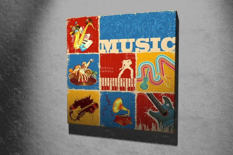 Lærredstryk 45x45 cm - Farverig musikalsk inspireret komposition med instrumenter og noder - Blå / Rød / Gul - Boligtilbehør - Billeder & kunst - Billeder på lærred