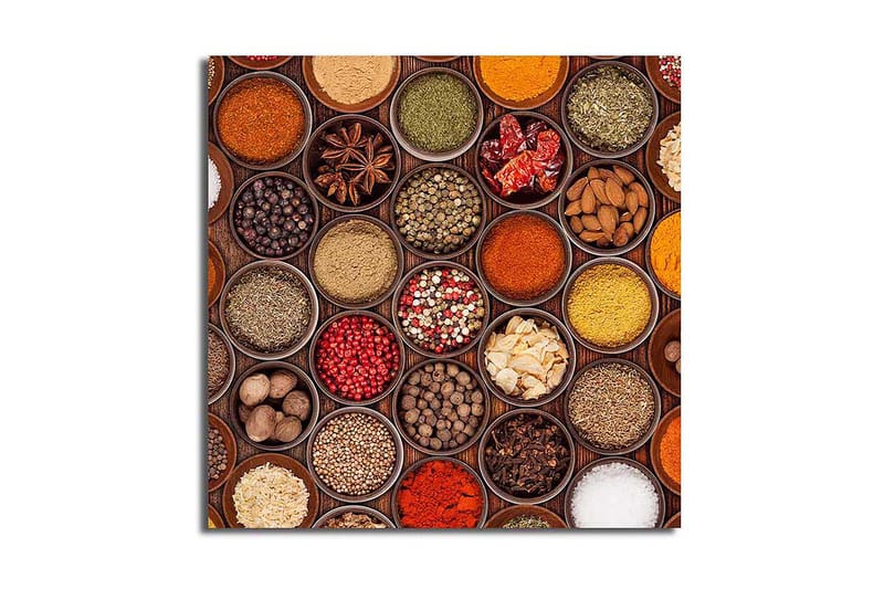 Lærredstryk 45x45 cm - Farverig samling af krydderier i skåle, Rød / Gul / Grøn