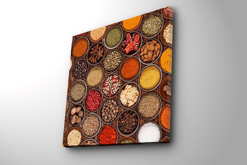 Lærredstryk 45x45 cm - Farverig samling af krydderier i skåle - Rød / Gul / Grøn - Boligtilbehør - Billeder & kunst - Billeder på lærred