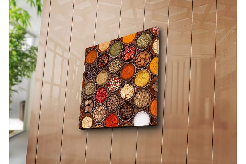 Lærredstryk 45x45 cm - Farverig samling af krydderier i skåle - Rød / Gul / Grøn - Boligtilbehør - Billeder & kunst - Billeder på lærred