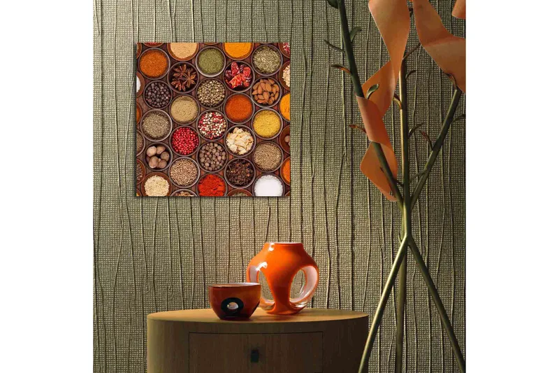 Lærredstryk 45x45 cm - Farverig samling af krydderier i skåle - Rød / Gul / Grøn - Boligtilbehør - Billeder & kunst - Billeder på lærred