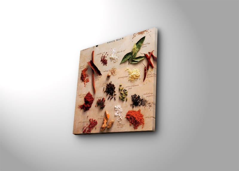 Lærredstryk 45x45 cm - Farverig samling af krydderier og urter, Rød / Grøn / Brun
