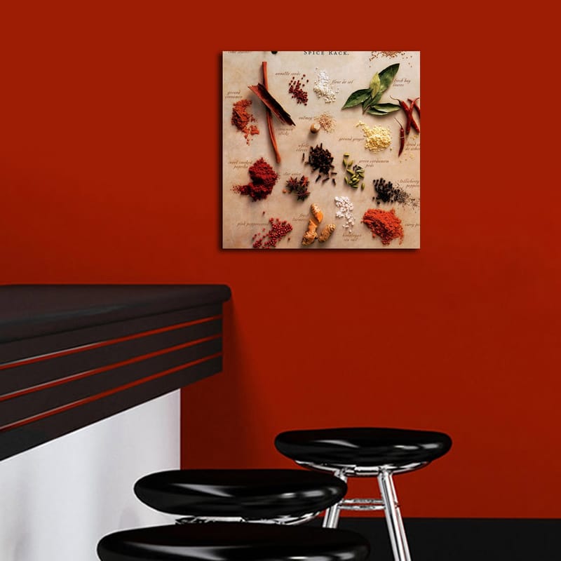 Lærredstryk 45x45 cm - Farverig samling af krydderier og urter - Rød / Grøn / Brun - Boligtilbehør - Billeder & kunst - Billeder på lærred